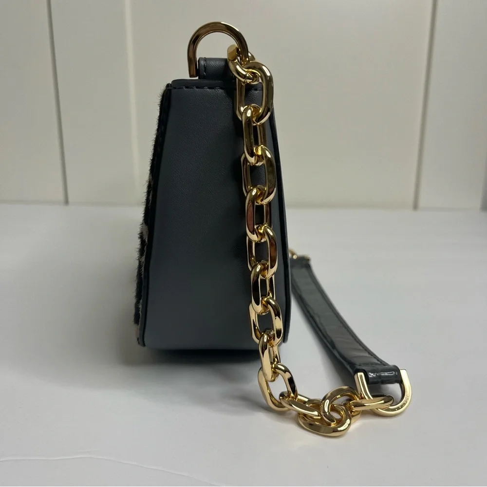 Michael Kors Carmen Small Gray Leather Leopard Haircalf Pouchette Handbag Purse - Picture 5 of 9